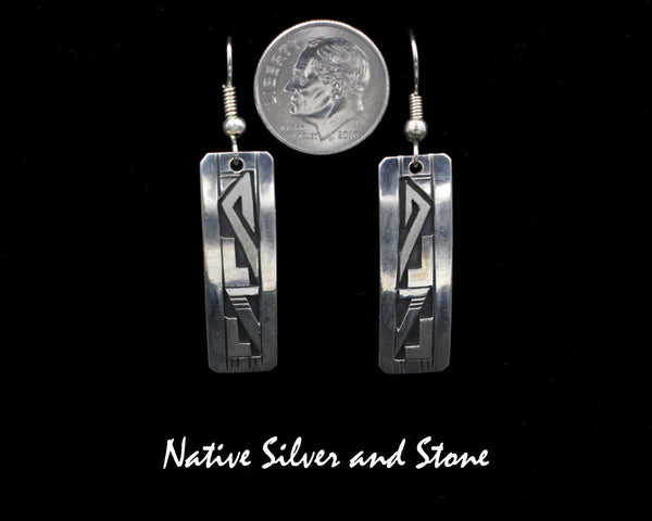 Z Peter Nelson - Navajo<br>1-1/4" Earrings<br>Medium Long Rectangles<br>Oxidized Overlay<br>Sterling Silver