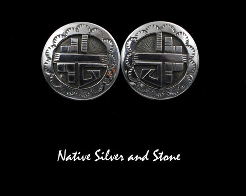 Peter Nelson - Navajo<br>1" Earrings - Circles/Round <br>Oxidized Overlay<br>w Perimeter Stamping<br>Post/Stud<br>Sterling Silver