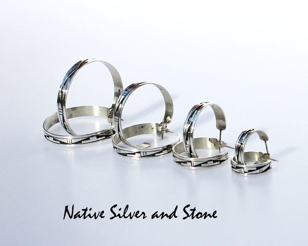 Z Peter Nelson - Navajo<br>Earrings - Hoop - 7/8"<br>Small<br>1/4"W x Diameter<br>Oxidized Overlay<br>Post<br>Sterling Silver