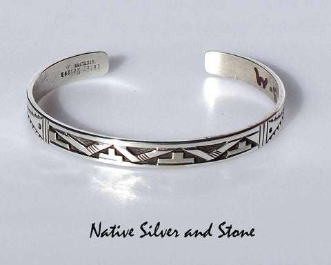 Z Peter Nelson - Navajo<br>1/4" Bracelet Cuff <br>Oxidized Overlay & Stamping<br>Sterling Silver<br>Size 6-1/4 (Medium)