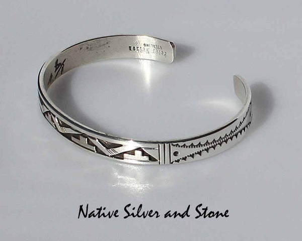 Z Peter Nelson - Navajo<br>1/4" Bracelet Cuff <br>Oxidized Overlay & Stamping<br>Sterling Silver<br>Size 6-1/4 (Medium)