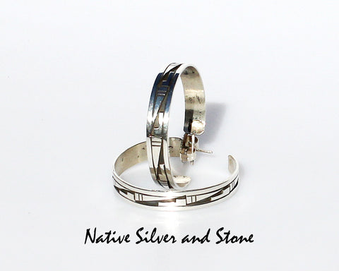 Z Peter Nelson - Navajo<br>Earrings - Hoop - 1-1/4" <br>Medium<br>1/4" Wide<br>Oxidized Overlay<br>Post<br>Sterling Silver