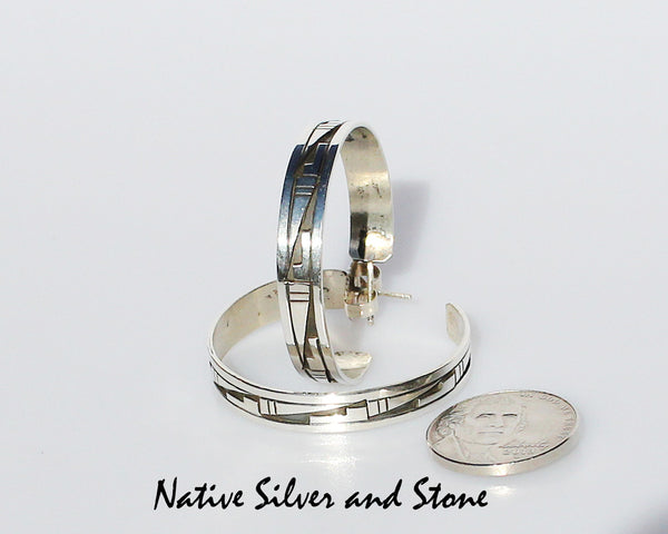 Peter Nelson - Navajo<br>Earrings - Hoop - 1-7/8"<br>X Large<br>1/4" Wide <br>Oxidized Overlay<br>Post<br>Sterling Silver