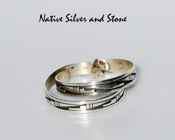 Peter Nelson - Navajo<br>Earrings - Hoop - 1-7/8"<br>X Large<br>1/4" Wide <br>Oxidized Overlay<br>Post<br>Sterling Silver