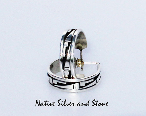 Z Peter Nelson - Navajo<br>Earrings - Hoop - 7/8"<br>Small<br>1/4"W x Diameter<br>Oxidized Overlay<br>Post<br>Sterling Silver
