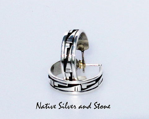 Z Peter Nelson - Navajo<br>Earrings - Hoop - 7/8"<br>Small<br>1/4"W x Diameter<br>Oxidized Overlay<br>Post<br>Sterling Silver