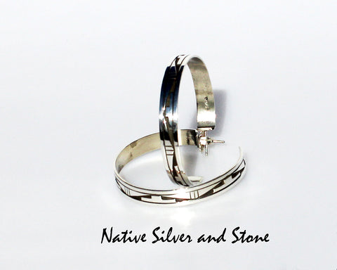 Z Peter Nelson - Navajo<br>Earrings - Hoop -  2-1/4"<br>XX Large<br>1/4" Wide<br>Oxidized Overlay<br> Post<br>Sterling Silver