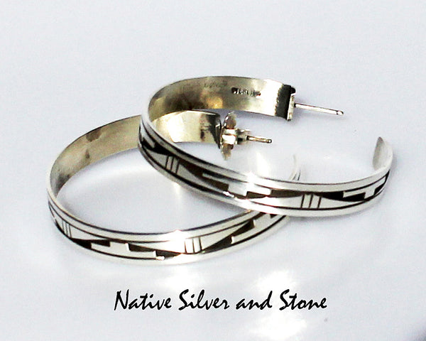 Z Peter Nelson - Navajo<br>Earrings - Hoop -  2-1/4"<br>XX Large<br>1/4" Wide<br>Oxidized Overlay<br> Post<br>Sterling Silver
