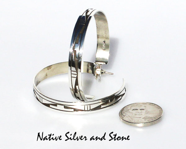 Z Peter Nelson - Navajo<br>Earrings - Hoop -  2-1/4"<br>XX Large<br>1/4" Wide<br>Oxidized Overlay<br> Post<br>Sterling Silver