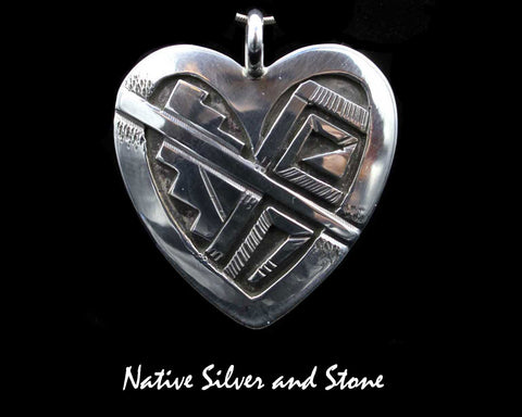 Z Peter Nelson - Navajo<br>1-1/4" Pendant - Heart<br>Oxidized Overlay & Stamping<br>Sterling Silver