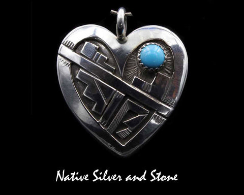 Z Peter Nelson - Navajo<br>1-5/16" Pendant - Heart<br>Sleeping Beauty Turquoise Round<br>Oxidized Overlay & Stamping<br>Sterling Silver