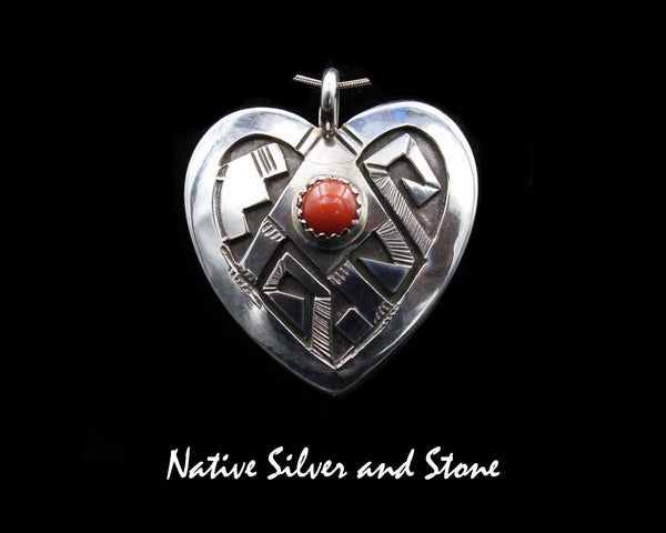Z Peter Nelson - Navajo<br>1-5/16" Pendant - Heart<br>Coral Round - Center<br>Oxidized Overlay & Stamping<br>Sterling Silver