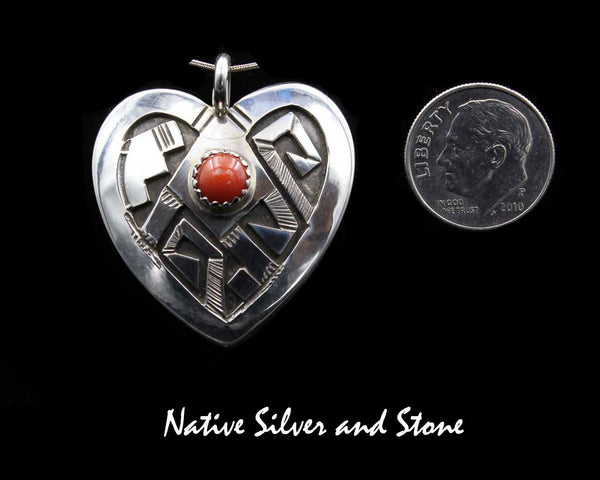 Z Peter Nelson - Navajo<br>1-5/16" Pendant - Heart<br>Coral Round - Center<br>Oxidized Overlay & Stamping<br>Sterling Silver