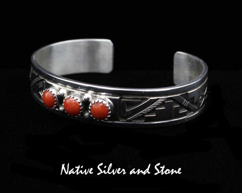 Peter Nelson - Navajo<br>1/2" Bracelet Cuff<br>Oxidized Overlay & Stamping<br>3 Coral Rounds<br>Sterling Silver<br>Size 6-3/16 (Medium-Small)