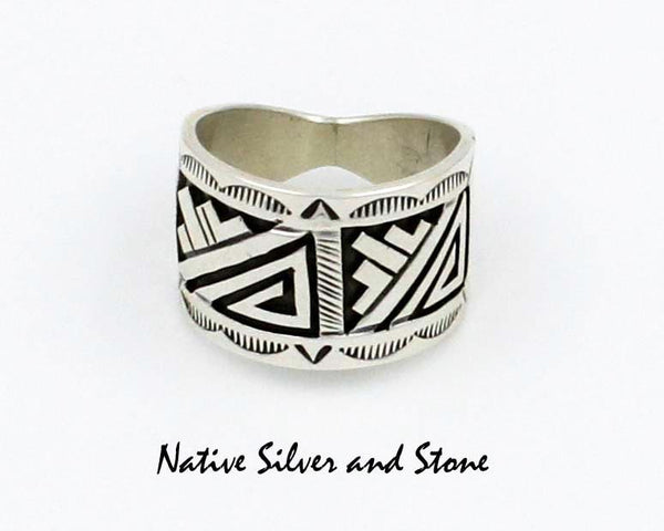 Peter Nelson - Navajo<br>Ring - Overlay - 3/4"<br>with Stamping<br>Sterling Silver<br>Size 14