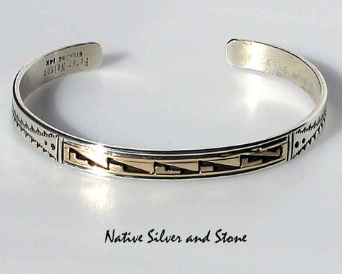 Z Peter Nelson - Navajo<br>Bracelet Cuff 1/4"<br>Sterling Silver & 14K Gold Oxidized Overlay<br>& Stamping<br>Size 6-3/8 (Small - Medium)