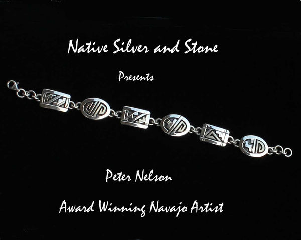 Z Peter Nelson - Navajo<br>Bracelet Link Rectangles& Ovals<br>Sterling Silver Overlay<br>Size 7-1/8" - 7-1/2"