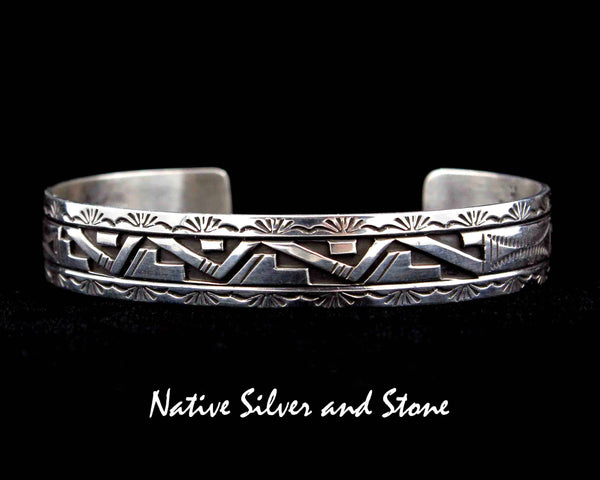 Z Peter Nelson - Navajo<br>Bracelet Cuff 1/2"<br>Sterling Silver Oxidized Overlay<br>& Stamping<br>Size ~7-11/16 (Large)