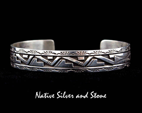 Z Peter Nelson - Navajo<br>Bracelet Cuff 1/2"<br>Sterling Silver Oxidized Overlay<br>& Stamping<br>Size ~7-11/16 (Large)