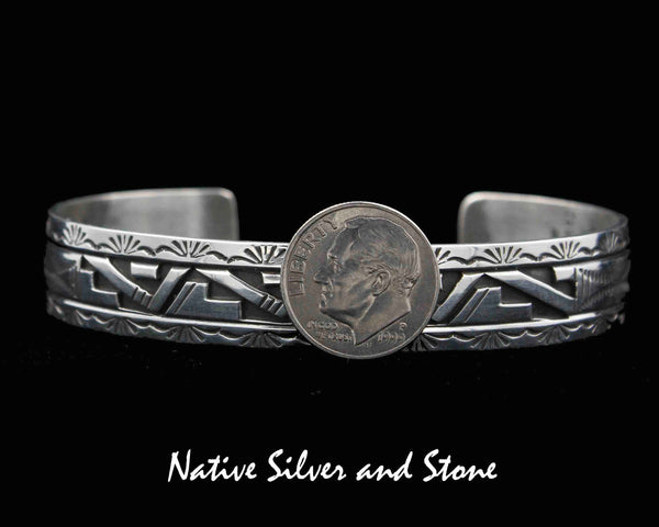 Z Peter Nelson - Navajo<br>Bracelet Cuff 1/2"<br>Sterling Silver Oxidized Overlay<br>& Stamping<br>Size ~7-11/16 (Large)