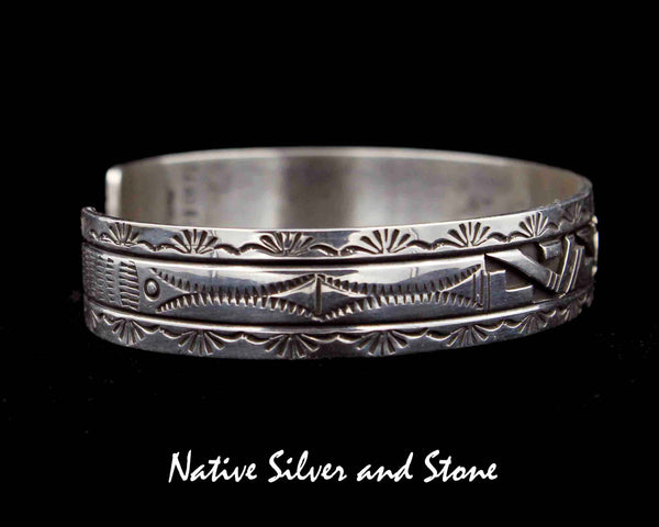 Z Peter Nelson - Navajo<br>Bracelet Cuff 1/2"<br>Sterling Silver Oxidized Overlay<br>& Stamping<br>Size ~7-11/16 (Large)