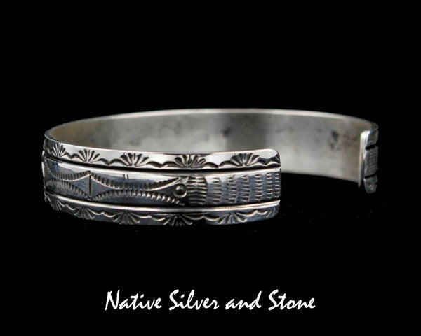 Z Peter Nelson - Navajo<br>Bracelet Cuff 1/2"<br>Sterling Silver Oxidized Overlay<br>& Stamping<br>Size ~7-11/16 (Large)