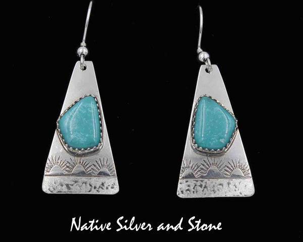 Z Peter Nelson - Navajo<br>Earrings - French Wire<br>Long Teardrops with Turquoise Freeform<br>Etched & Stamped Sterling Silver