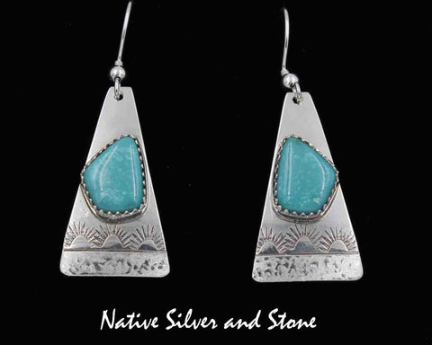 Z Peter Nelson - Navajo<br>Earrings - French Wire<br>Long Teardrops with Turquoise Freeform<br>Etched & Stamped Sterling Silver