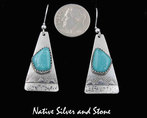 Z Peter Nelson - Navajo<br>Earrings - French Wire<br>Long Teardrops with Turquoise Freeform<br>Etched & Stamped Sterling Silver