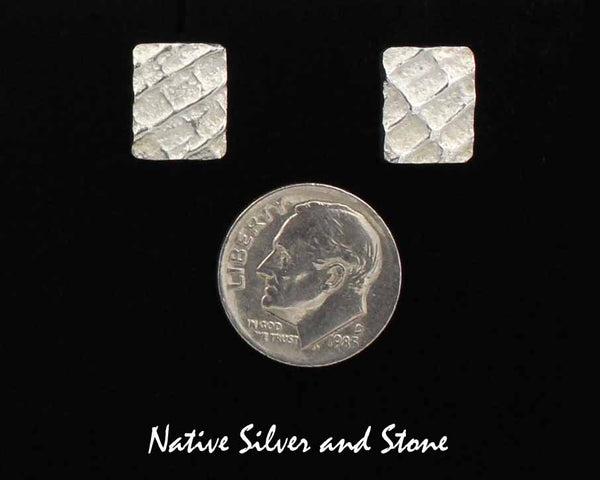 Peter Nelson - Navajo<br>1/2" Earrings - Rectangles<br>Polished Tufa Cast<br>"Waffle" Pattern<br>Post <br>Sterling Silver