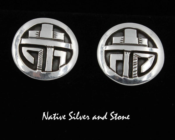 Z Peter Nelson - Navajo<br>3/4" Earrings - Circles <br>Oxidized Overlay<br>Post/Stud<br>Sterling Silver