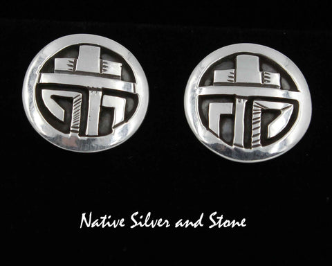 Z Peter Nelson - Navajo<br>3/4" Earrings - Circles <br>Oxidized Overlay<br>Post/Stud<br>Sterling Silver