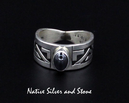 Z Peter Nelson - Navajo<br>Ring - Overlay - 3/8"<br>with Stamping<br>Hematite Oval<br>Sterling Silver <br>Size 7-1/2