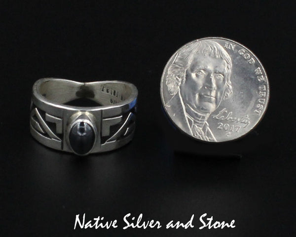 Z Peter Nelson - Navajo<br>Ring - Overlay - 3/8"<br>with Stamping<br>Hematite Oval<br>Sterling Silver <br>Size 7-1/2