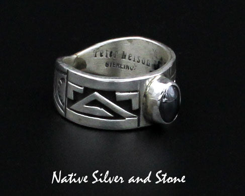 Z Peter Nelson - Navajo<br>Ring - Overlay - 3/8"<br>with Stamping<br>Hematite Oval<br>Sterling Silver <br>Size 7-1/2