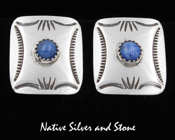 Z Peter Nelson - Navajo<br>1" Earrings - Rectangles<br>Denim Lapis Dot<br>Etched & Stamped<br>Post/Stud<br>Sterling Silver