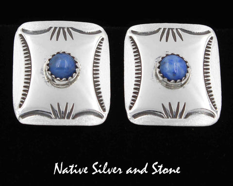 Z Peter Nelson - Navajo<br>1" Earrings - Rectangles<br>Denim Lapis Dot<br>Etched & Stamped<br>Post/Stud<br>Sterling Silver