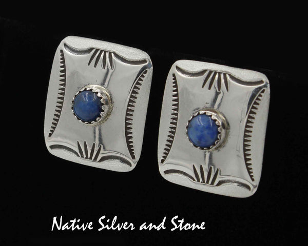 Z Peter Nelson - Navajo<br>1" Earrings - Rectangles<br>Denim Lapis Dot<br>Etched & Stamped<br>Post/Stud<br>Sterling Silver