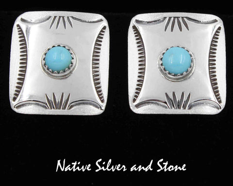 Z Peter Nelson - Navajo<br>1" Earrings - Rectangles<br>Sleeping Beauty Turquoise Dot<br>Etched & Stamped<br>Post/Stud<br>Sterling Silver