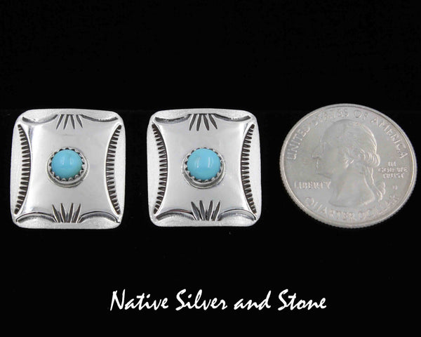 Z Peter Nelson - Navajo<br>1" Earrings - Rectangles<br>Sleeping Beauty Turquoise Dot<br>Etched & Stamped<br>Post/Stud<br>Sterling Silver