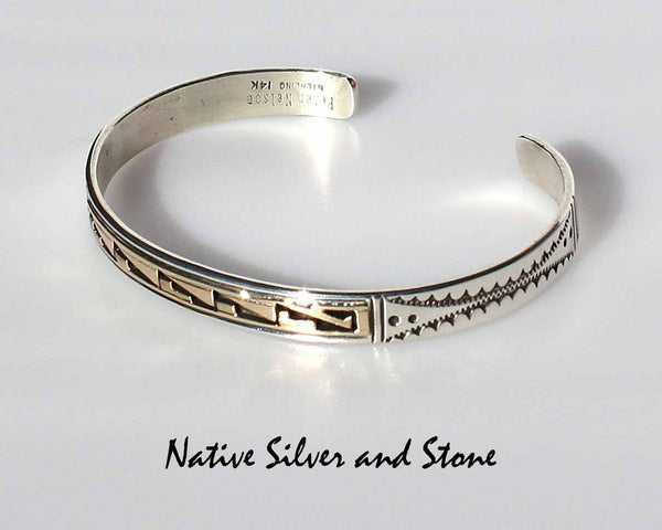 Z Peter Nelson - Navajo<br>Bracelet Cuff 1/4"<br>Sterling Silver & 14K Gold Oxidized Overlay<br>& Stamping<br>Size 6-3/8 (Small - Medium)