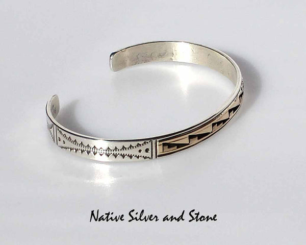 Z Peter Nelson - Navajo<br>Bracelet Cuff 1/4"<br>Sterling Silver & 14K Gold Oxidized Overlay<br>& Stamping<br>Size 6-3/8 (Small - Medium)