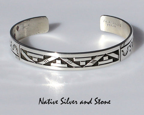 Z Peter Nelson - Navajo<br>Bracelet Cuff 3/8"<br>Sterling Silver Oxidized Overlay<br>& Stamping<br>Size 6-3/8 (Small - Medium)