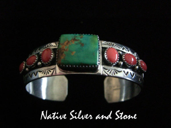 Z Peter Nelson - Navajo<br>Bracelet Cuff 3/4" <br>Natural Green Royston Turquoise Square & Coral<br>Sterling Silver Oxidized Overlay<br>w Stamping<br>Size 6-3/4" (Medium-Large)