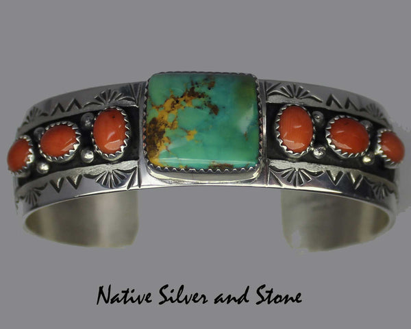 Z Peter Nelson - Navajo<br>Bracelet Cuff 3/4" <br>Natural Green Royston Turquoise Square & Coral<br>Sterling Silver Oxidized Overlay<br>w Stamping<br>Size 6-3/4" (Medium-Large)