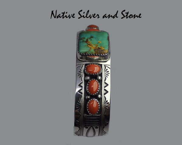 Z Peter Nelson - Navajo<br>Bracelet Cuff 3/4" <br>Natural Green Royston Turquoise Square & Coral<br>Sterling Silver Oxidized Overlay<br>w Stamping<br>Size 6-3/4" (Medium-Large)