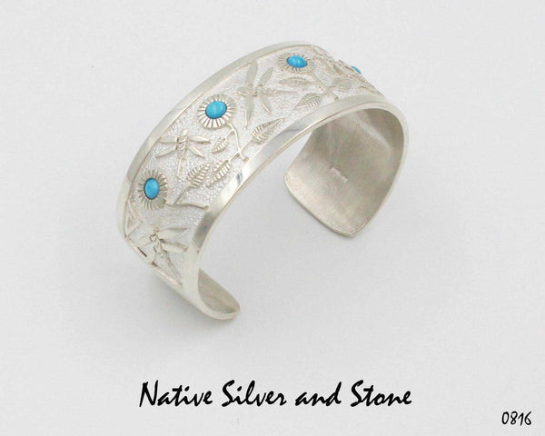 Philbert Begay - Navajo<br>1" Bracelet (Cuff)<br>Dragonflies & Flowers<br>Handmade Bright Sterling Silver<br>& Turquoise Inlay<br>Size 6-1/2