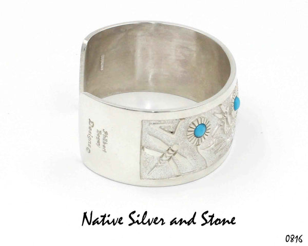 Philbert Begay - Navajo<br>1" Bracelet (Cuff)<br>Dragonflies & Flowers<br>Handmade Bright Sterling Silver<br>& Turquoise Inlay<br>Size 6-1/2