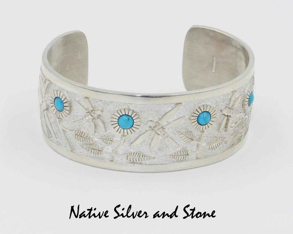 Philbert Begay - Navajo<br>1" Bracelet (Cuff)<br>Dragonflies & Flowers<br>Handmade Bright Sterling Silver<br>& Turquoise Inlay<br>Size 6-1/2