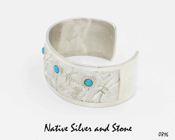 Philbert Begay - Navajo<br>1" Bracelet (Cuff)<br>Dragonflies & Flowers<br>Handmade Bright Sterling Silver<br>& Turquoise Inlay<br>Size 6-1/2